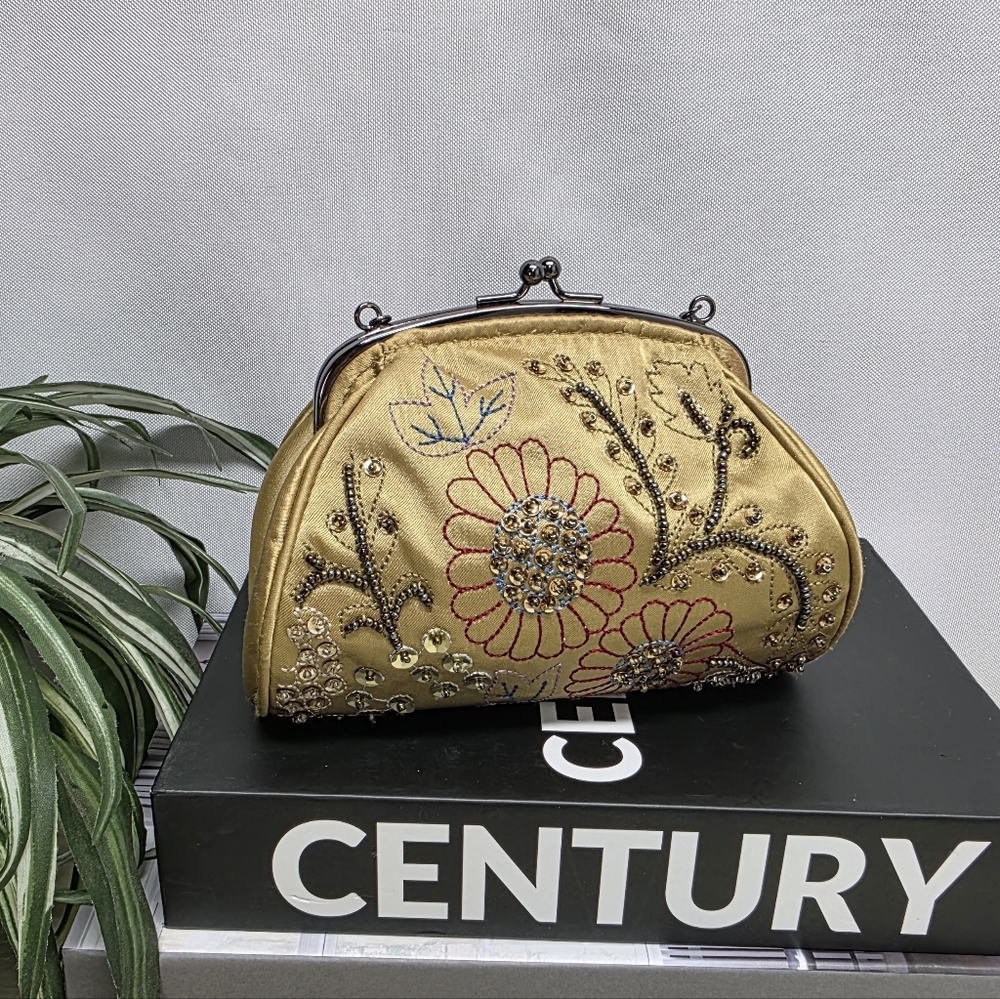 Preston & York Floral Embroidered Gold Clutch